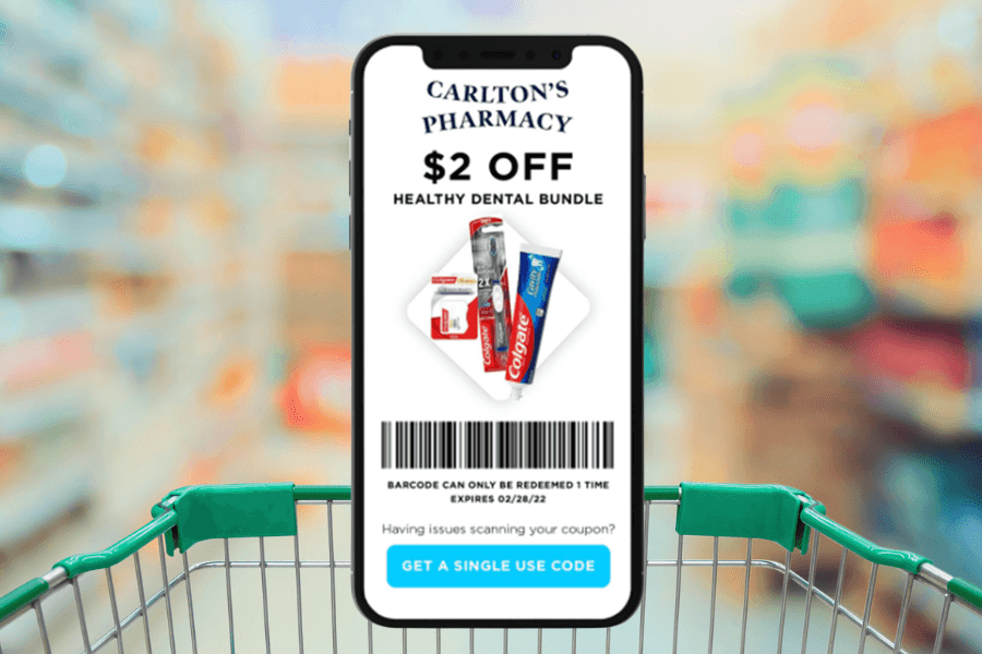 8112 coupons on phone in grocery basket