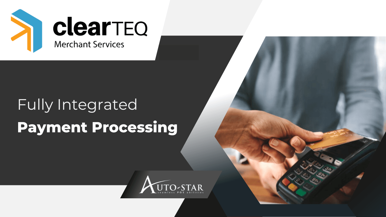 ClearTEQ Merchant Services: Fully Integrated Payment Processing by Auto-Star - A hand tapping a credit card on a payment terminal.