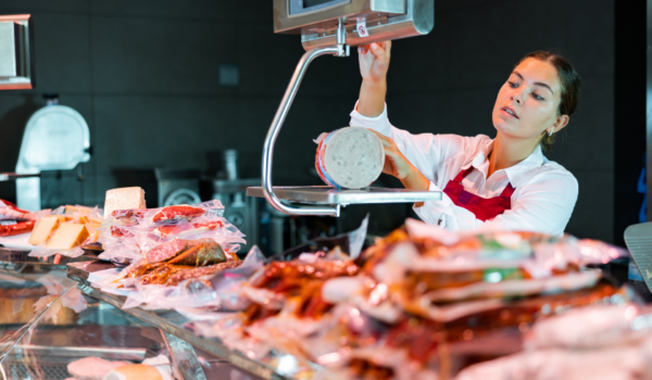 A grocery store worker using a deli scale to slice and weigh meat, showcasing the importance of accurate grocery POS integration for streamlined operations.