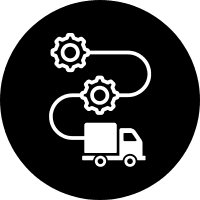 Icon of a delivery truck with connected gears, representing delivery software.
