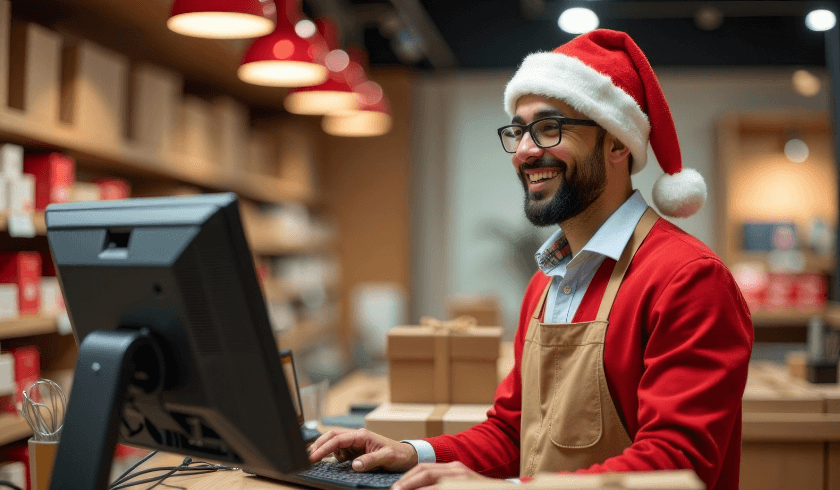 A cheerful retail worker wearing a Santa hat and apron, smiling while using a computer to access POS reports in a festive store setting.