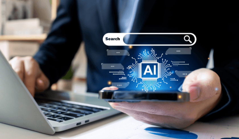 A business professional holding a smartphone with an AI-driven search interface, representing the importance of Answer Engine Optimization (AEO) for website performance in the VAR industry.