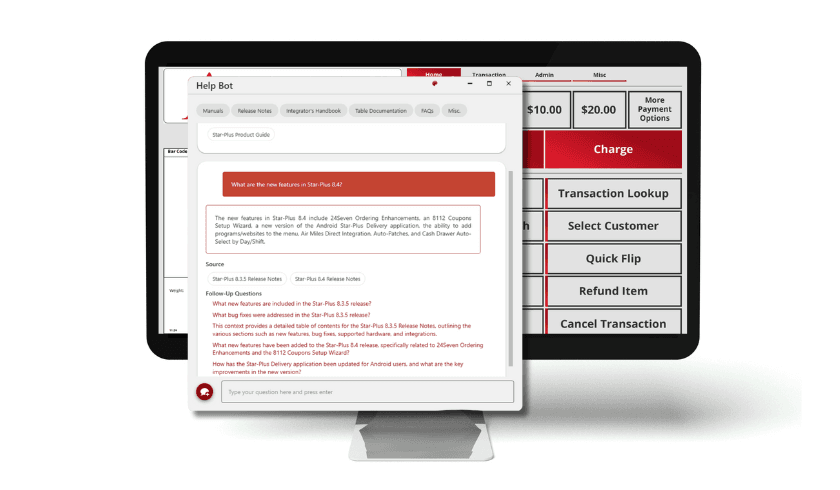 A POS terminal screen displaying the HelpBot interface within the Star-Plus software, showing FAQs and release notes for version 8.4.