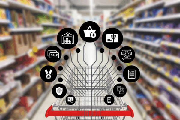 Shopping cart in a retail aisle with interconnected icons representing various modules of a modular POS system including inventory, payments, loyalty, and promotions.