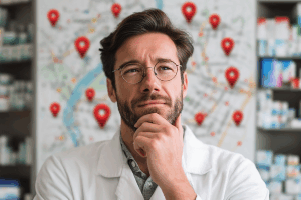 Pharmacist thinking about multi-store expansion with a pharmacy POS system, standing in front of a map with location pins.