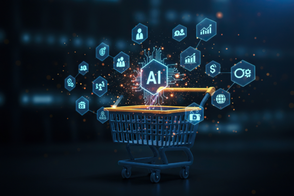 Digital shopping cart surrounded by AI technology icons, illustrating AI trends in retail technology, automation, analytics, and business growth.