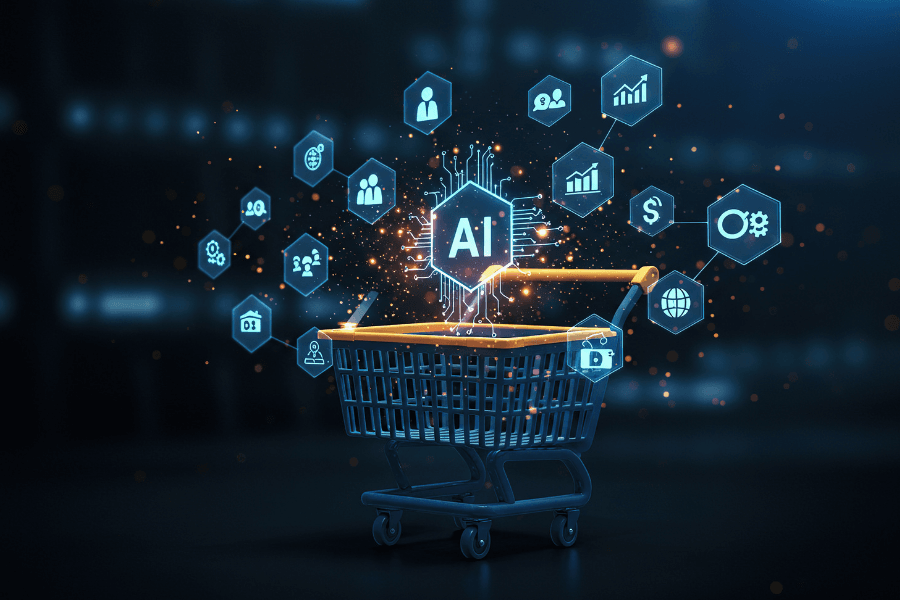 Digital shopping cart surrounded by AI technology icons, illustrating AI trends in retail technology, automation, analytics, and business growth.