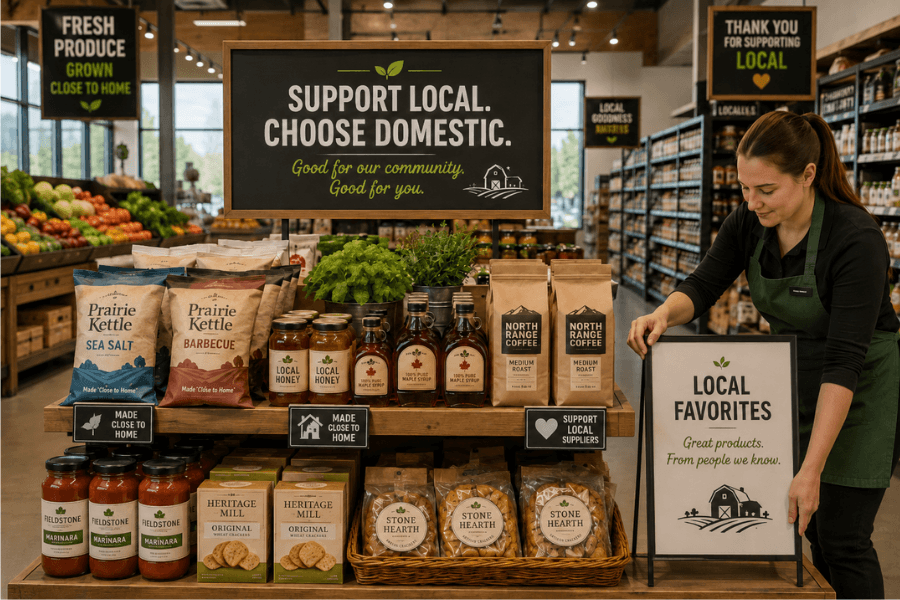 Grocery store employee arranging a domestic goods display with local products, produce, shelf tags, and promotional signage.