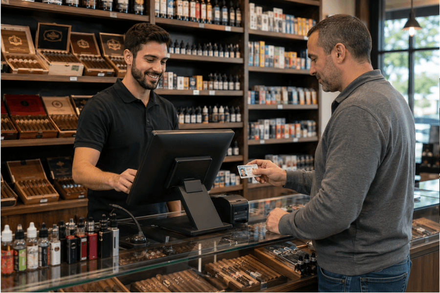 Clerk using a smoke shop POS while verifying customer ID at a cigar and vape store checkout.