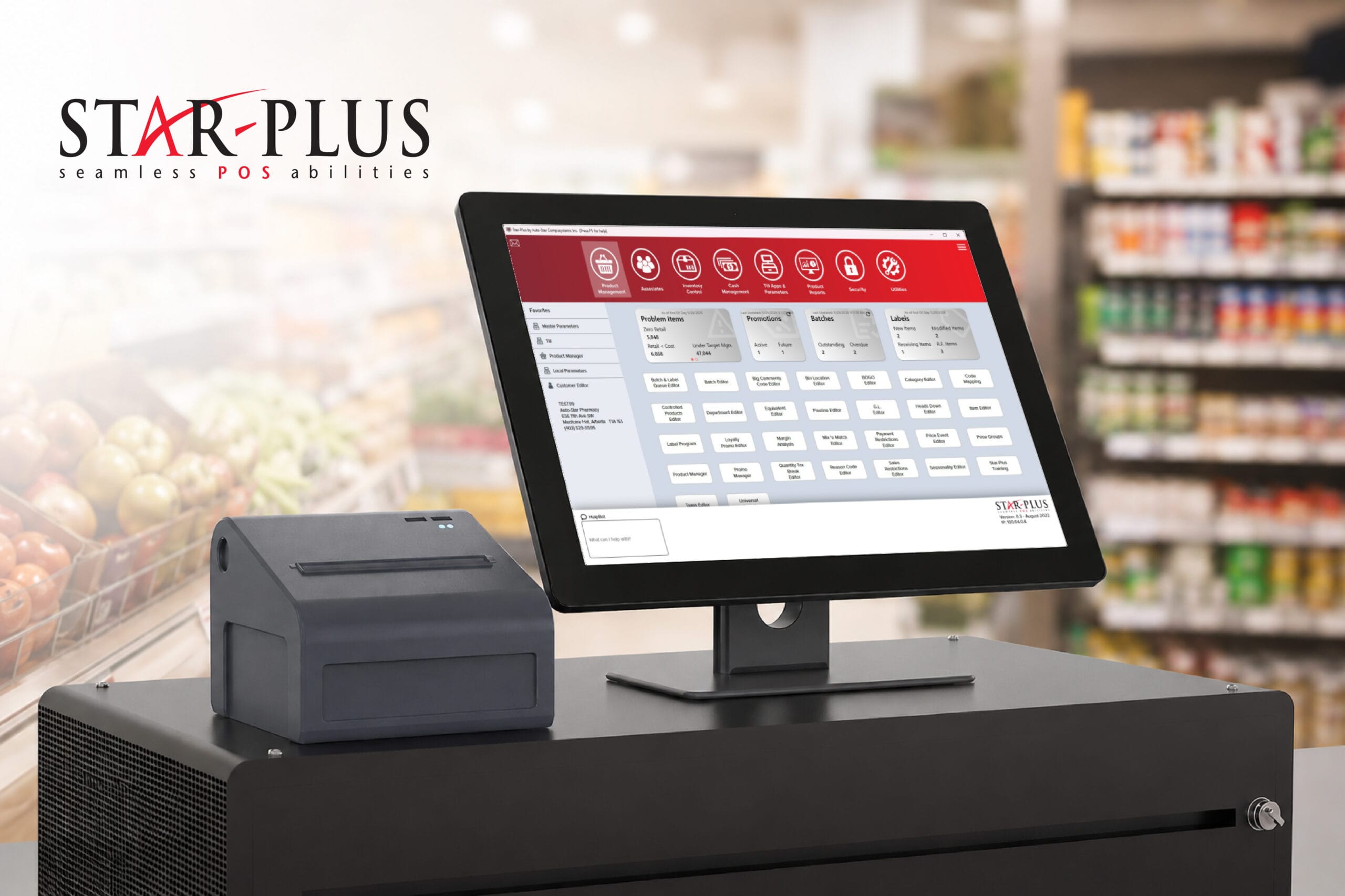 Retail employee using Auto-Star Star-Plus 8.5 point of sale software on a touchscreen POS terminal in a grocery store.