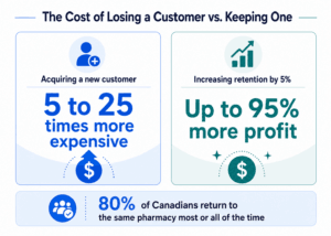 Infographic showing that acquiring a new customer can cost 5 to 25 times more, while increasing retention by 5% can lead to up to 95% more profit. It also notes that 80% of Canadians return to the same pharmacy most or all of the time.