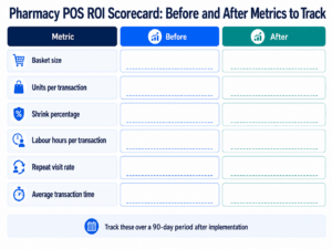 Pharmacy POS ROI scorecard showing before-and-after metrics to track, including basket size, units per transaction, shrink percentage, labour hours, repeat visit rate, and transaction time.